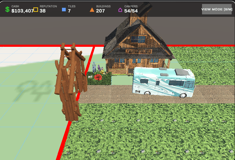 Campground Tycoon 3D View - Gate entrance with RV and buildings
