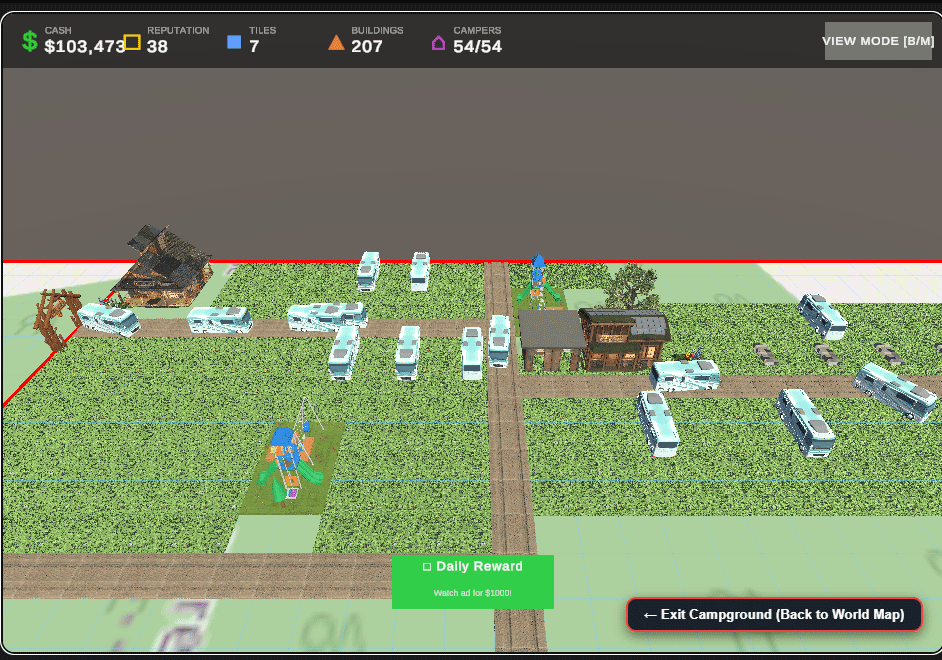 Campground Tycoon - Full campground view with RVs, buildings, and amenities